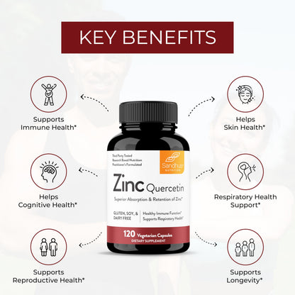 Sandhu's Zinc Quercetin 120 Vegetarian Capsules (Pack of 1) | Zinc Supplements for Antioxidant Immune Support for Men and Women | Gluten, Soy, Dairy Free