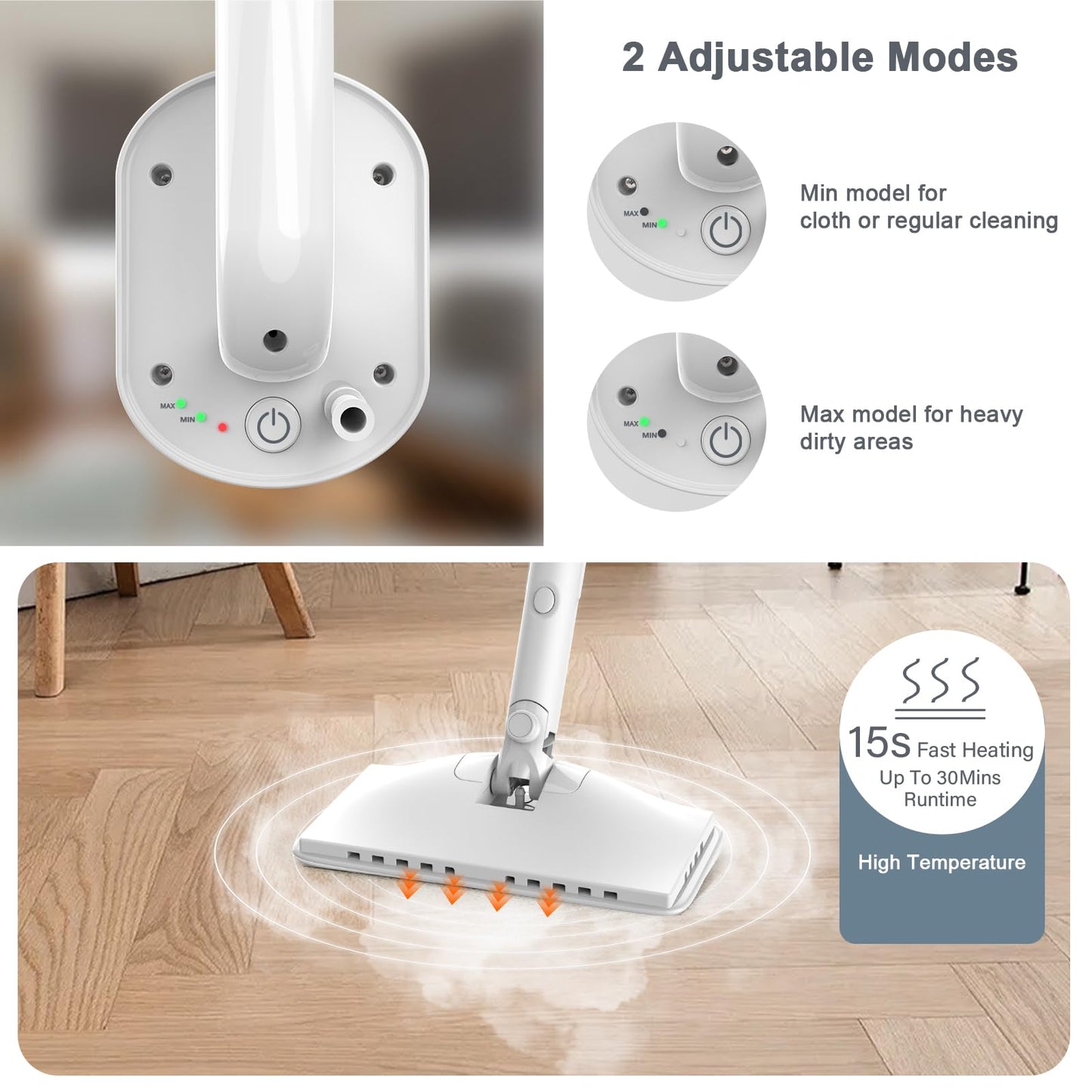 Steam Cleaner, 6 in1 Rotated Steam Mop Cleaner with 2 Modes, 2 Microfiber Pads, 400ML Removable Tank, 23FT Power Cable, Detachable Steam Mops for Floor, Laminate Floor, Tiles Cleaning (White)