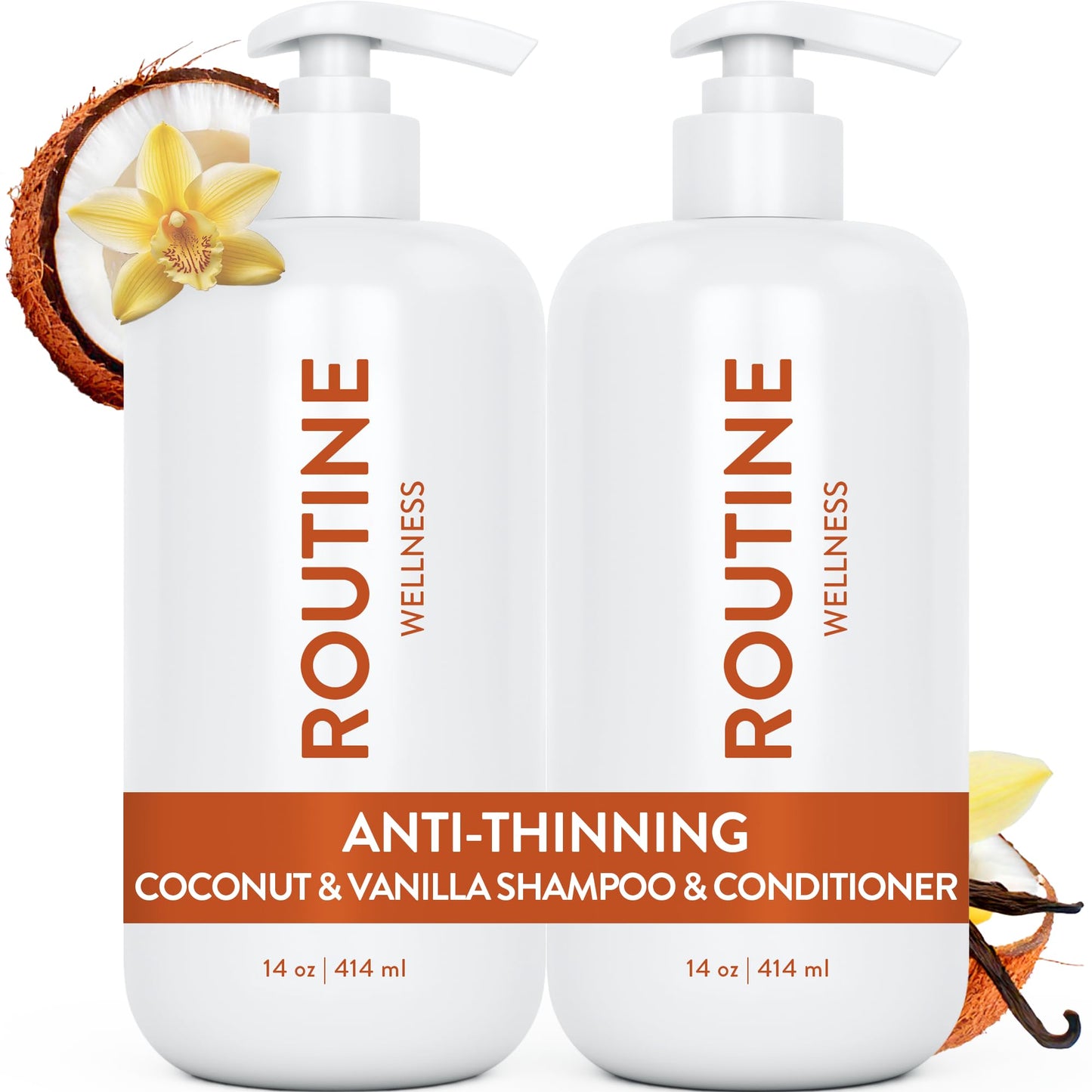 Routine Wellness Anti-Thinning Shampoo and Conditioner Set for Thinning Hair - Biotin DHT Blocker Women & Men - Color Safe Shampoo for Hair Loss & Healthier Hair - Coconut & Vanilla (Pack of 2)