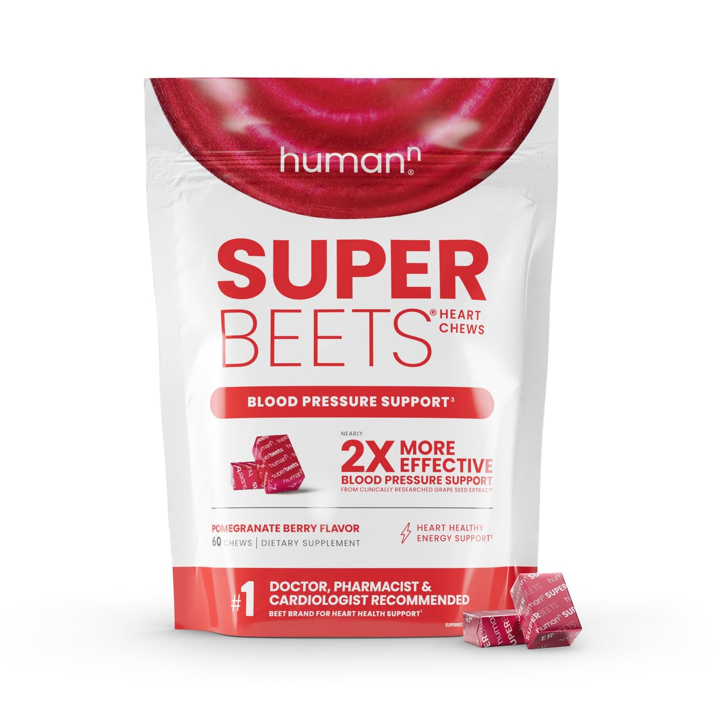 humanN SuperBeets Heart Chews, Nitric Oxide and Blood Pressure Support, Grape Seed Extract & Non-GMO Beet Root Powder Energy Chews, Super Beets Heart Chews, Pomegranate Berry Flavor, 60 Count