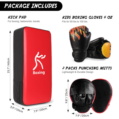 Odoland 3-in-1 Kids Youth Boxing Set - Punching Mitts, Kick Pads, Gloves for Boxing, Kickboxing, Karate, Muay Thai, MMA Training