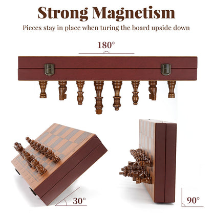 Strong Magnetic Chess Set for Adults & Kids, 15.4" Leather Chess Board & Handcrafted Wooden Chess Pieces with Storage Slots, Portable Travel Chess Game for Beginner and Professional