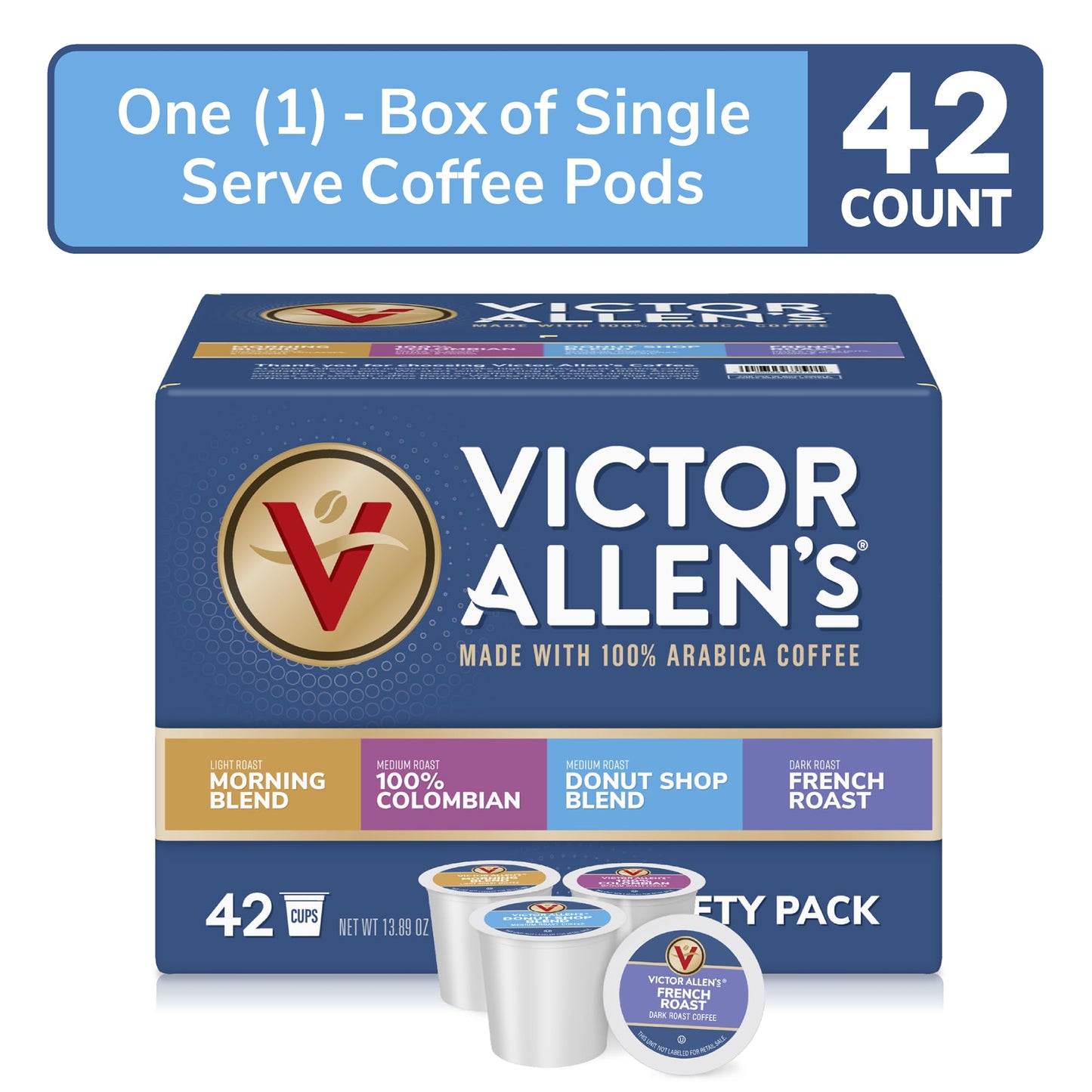 Victor Allen's Coffee Variety Pack (Morning Blend, 100% Colombian, Donut Shop Blend, and French Roast), 42 Count, Single Serve Coffee Pods for Keurig K-Cup Brewers