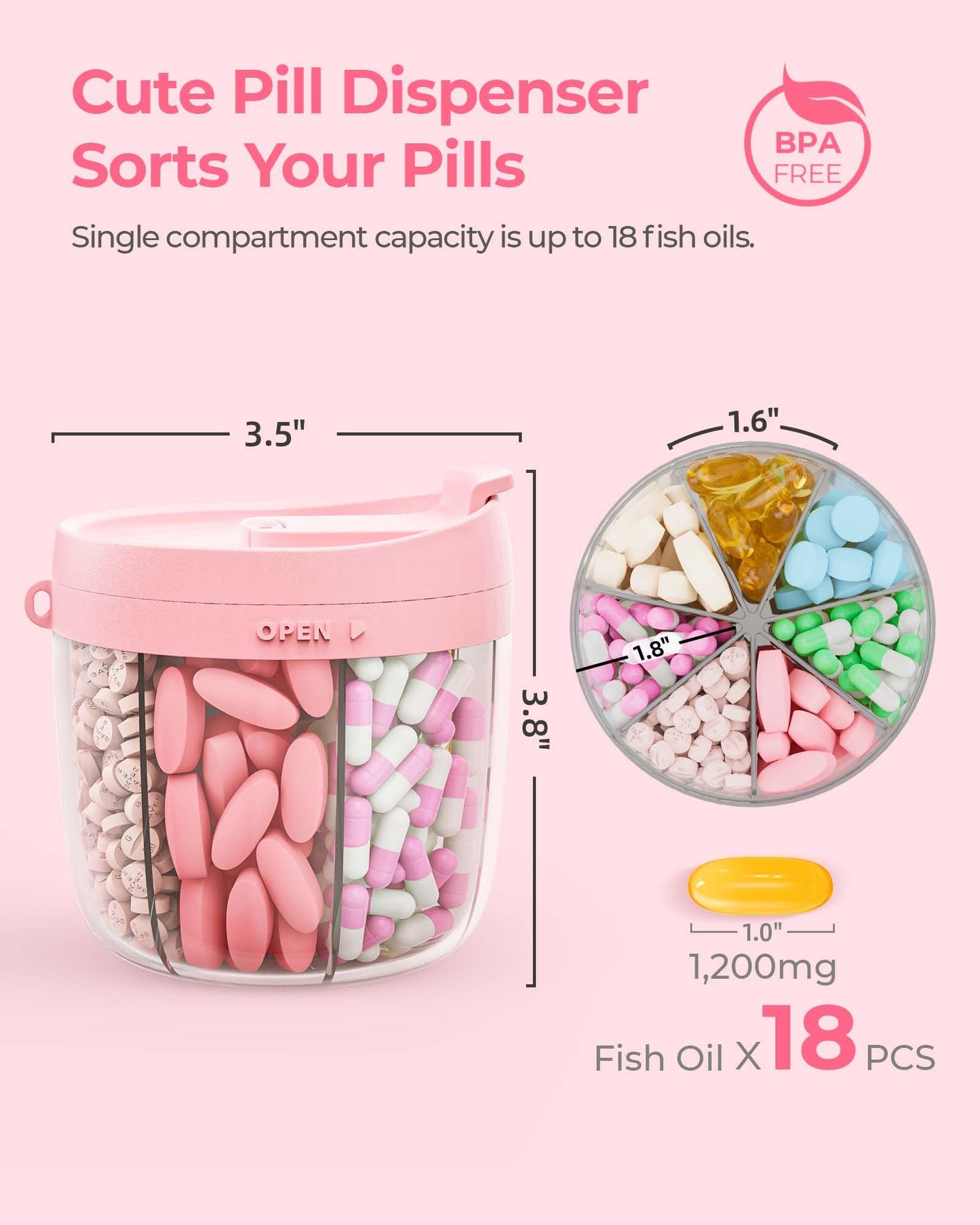 AMOOS Cute Pill Dispenser with 7 Large Compartments, Portable Pill Bottle Organizer with Wide Opening for Easy Use, Anti-Mix Pill Organizer for Travel, BPA-Free Pill Container, Pink