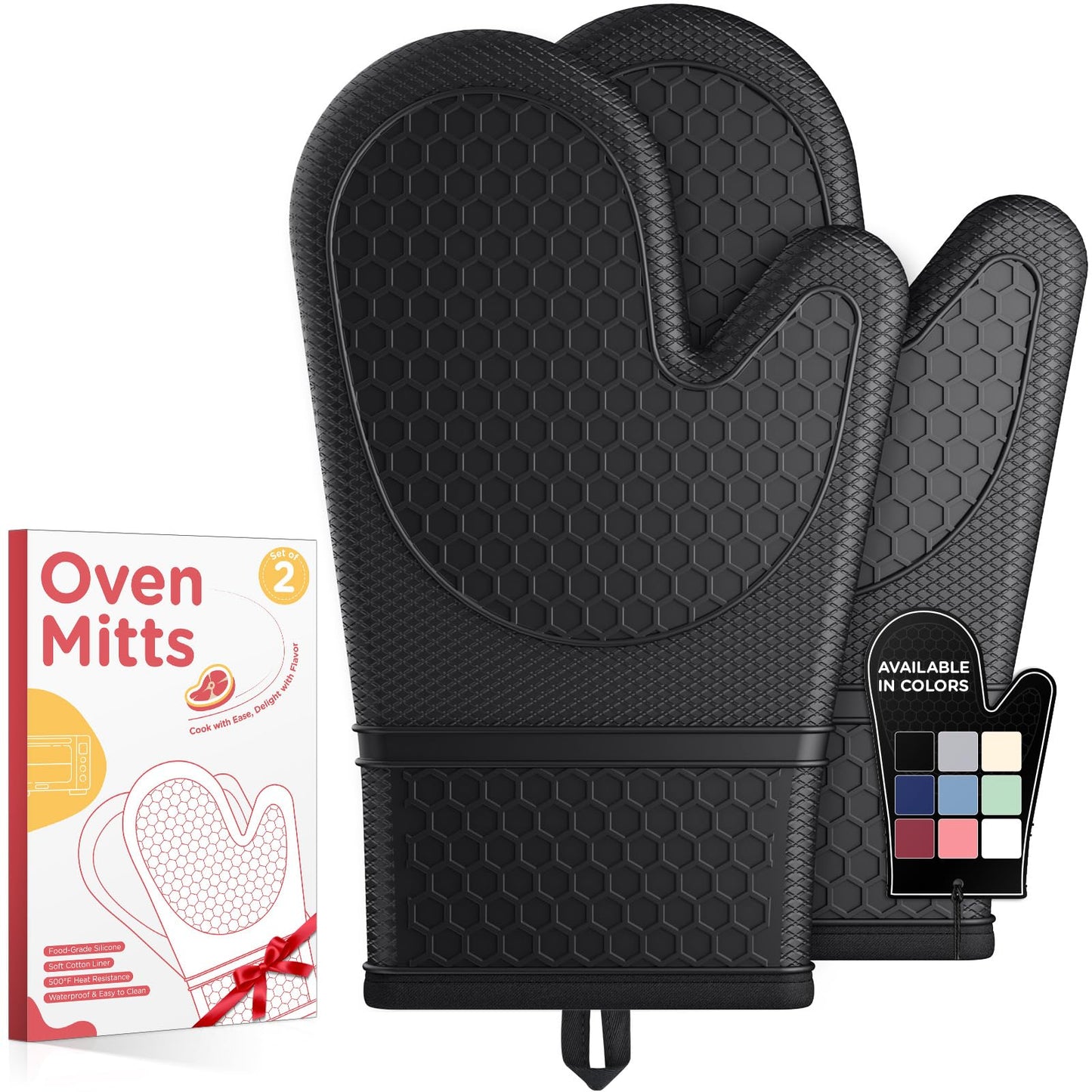 Kitsure Silicone Oven Mitts, Set of 2, Heat Resistant, Oven Gloves with Soft Lining, Non-Slip Kitchen Essentials, Kitchen Gadgets, Apartment Essentials, Great Gift for Cooking, Baking, Black