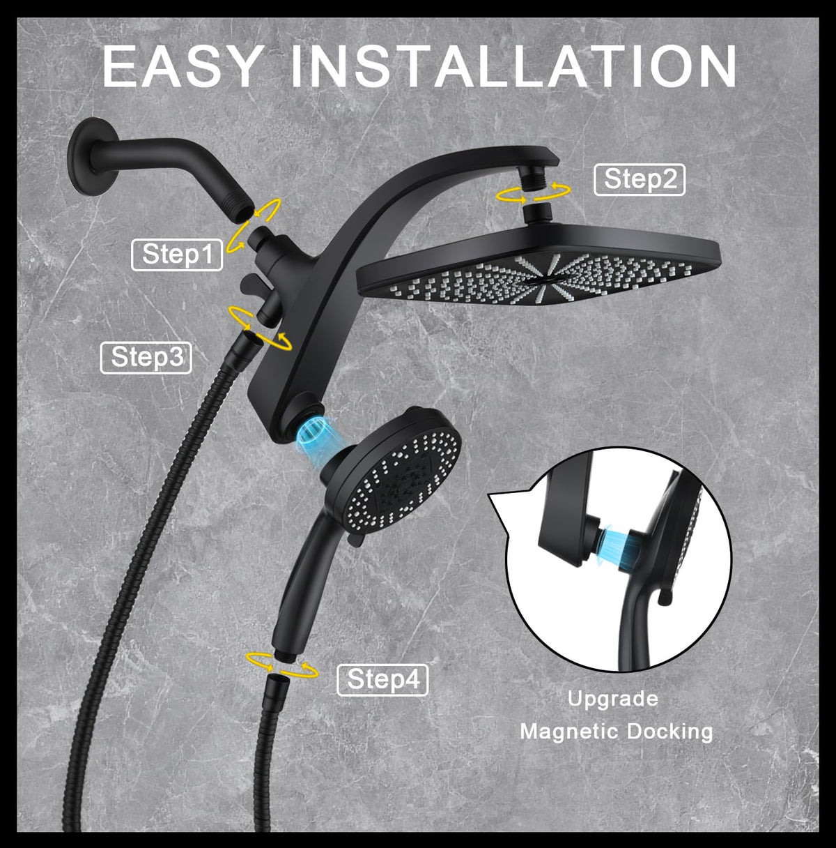 High Pressure Rain Shower Head: Upgrade Shower Heads with Handheld Spray Combo with Fixed Showerhead and 10 Sprays Handheld Shower Head, Detachable Showerheads Built-in Magnetic Docking and Power Jets