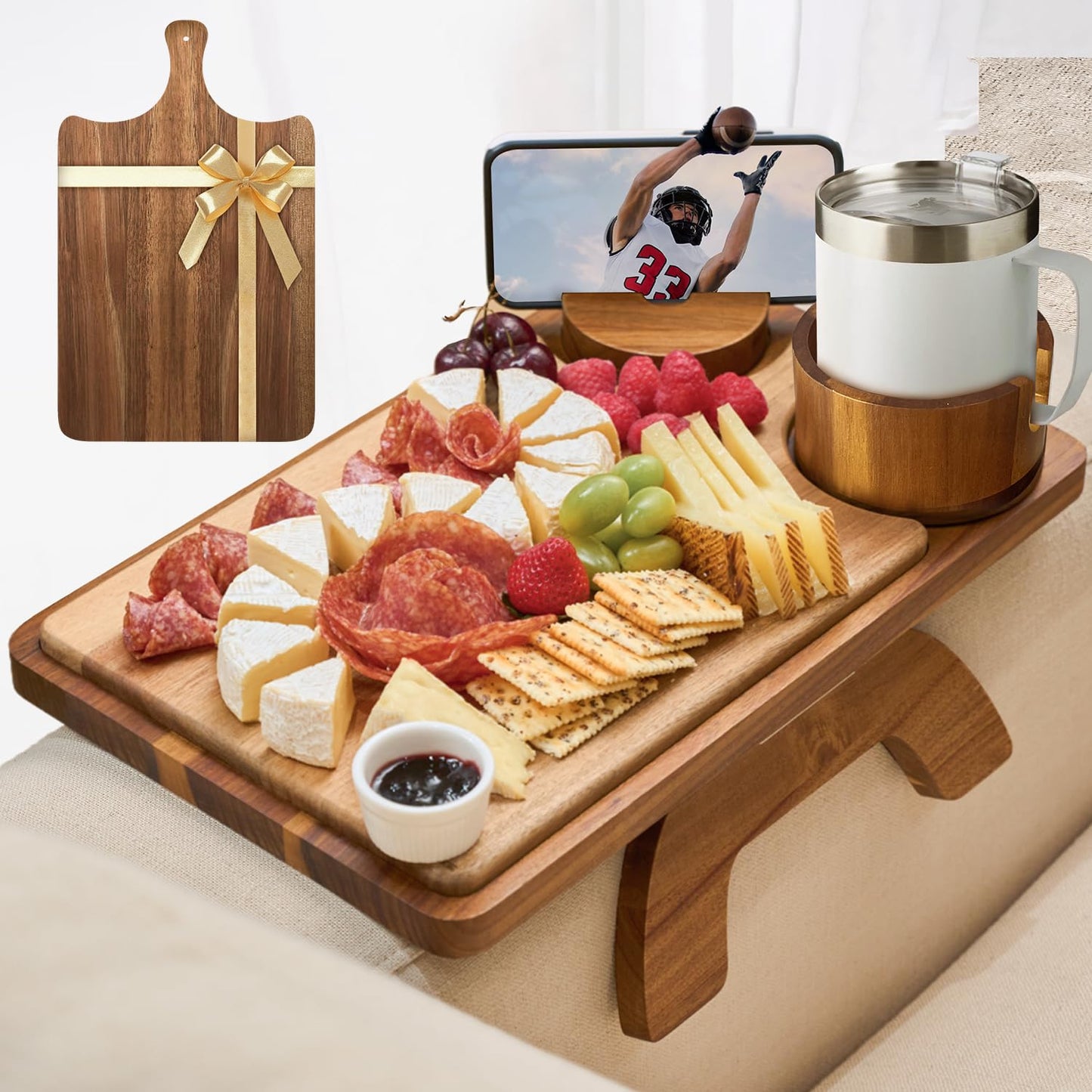 ZenStorage Acacia Wood Couch Arm Table Tray with Charcuterie Board with Phone Holder, Cup Slot & Folding for Wide/Narrow Recliners, Snack Table for Small Spaces TV Entertaining (Natural Wood)