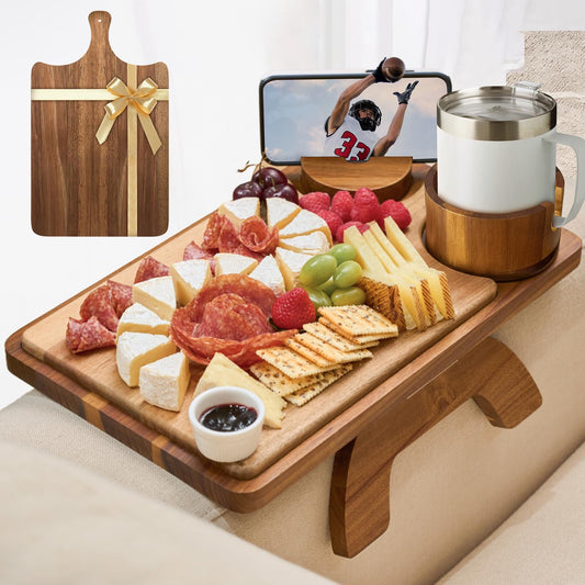 ZenStorage Acacia Wood Couch Arm Table Tray with Charcuterie Board with Phone Holder, Cup Slot & Folding for Wide/Narrow Recliners, Snack Table for Small Spaces TV Entertaining (Natural Wood)