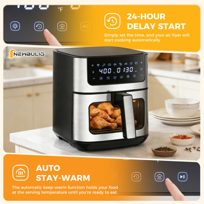 NEWBULIG Air Fryer 6.34QT, Airfryer with Visible Window, 400℉ Fast Heating Air Fryers Oven with Nonstick and Dishwasher-Safe Basket, 8-in-1 Cooking Preset, Timer，Auto-Off, Stainless Steel, Black