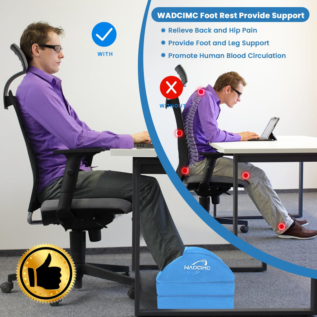 WADCIMC Foot Rest for Under Desk at Work, Warmer Feet Pocket Footrest,Foot Stool with Washable Cover,Comfortable Footrest with 3 Adjustable Heights, for Office Gaming Chair, for Leg Support, XL(18IN)