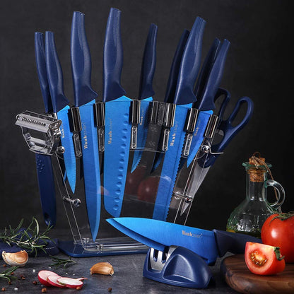 Wanbasion 16pcs Blue Kitchen Knife Set with Block, Stainless Steel Knives Set for Kitchen, Professional Chef Knife Sets for Kitchen with Sharpener Acrylic Block