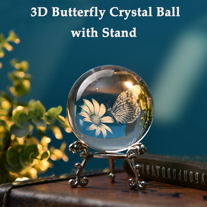 IFOLAINA 3D Butterfly Crystal Ball 60mm Gifts Ideas for Girlfriend Wife Mom Couple Her Butterfly on Sunflower in Glass Ball with Stand Flower Sphere Novelty Home Decor