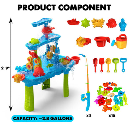 CozyBomB™ Water Table for Toddlers 3-5 | Outdoor Toys Water Play Table, Magnetic Fishing Toy Game, Summer Splash Pond Showers Sand Activity, Sensory Party Birthday Gift Kids Ages 4-8 9-12 (3-Tiers)