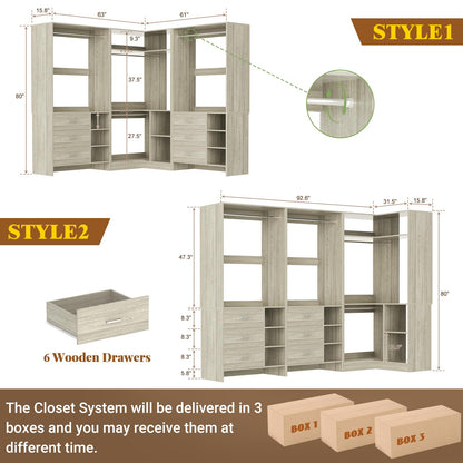 Aheaplus Closet System with 6 Drawers, 4 Hanging Rods & Corner Tower, Corner Closet System with Hanging,92.6" L-Shaped Walk-In Wardrobe Organizer, 2000+ lbs Capacity, Set of 3, White Oak