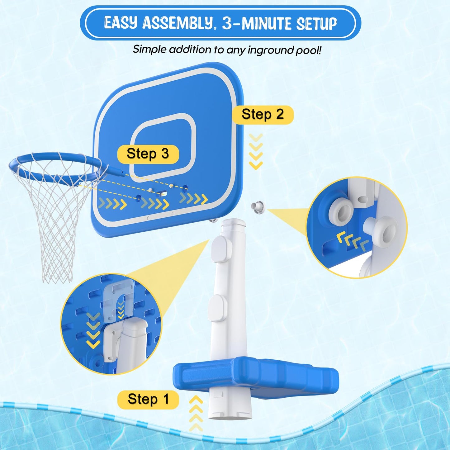 Pool Basketball Hoop, 33"x26"x50" Oversized Pool Toys with Adjustable Height Includes 4 Balls(Size 6, 2×Size 3, Glow)/ Nets/Pump for Poolside Water Basketball Game, Swimming Pool Games for Kids Adults