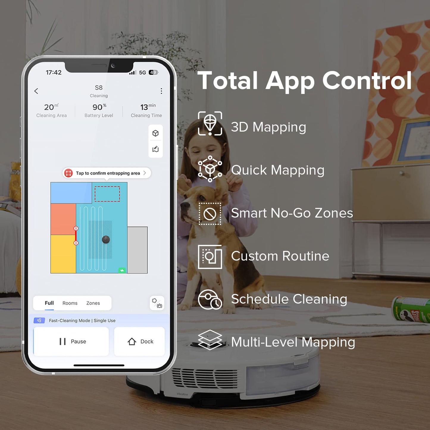 roborock S8 Robot Vacuum and Mop Cleaner, DuoRoller Brush, 6000Pa Suction, ReactiveAI 2.0 Obstacle Avoidance, Sonic Mopping, Auto Lifting Mop, Works with Alexa, Perfect for Pet Hair, White