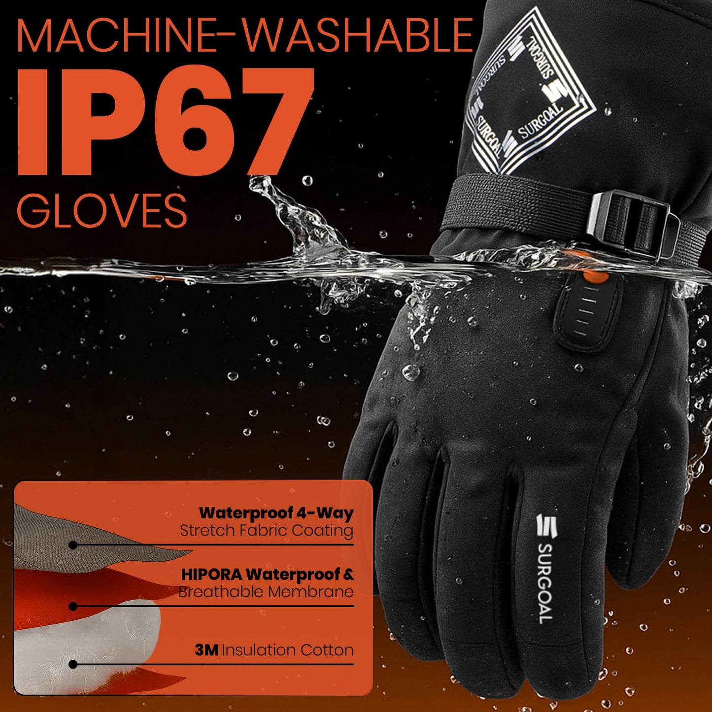 SURGOAL Heated Gloves Men, 8-Hour Runtime & 7.4V Rechargeable Battery Hand Warmer Gloves Women, Waterproof & Touchscreen Electric Gloves for Winter, Hunting, Motorcycle, Skiing, Work (PU-Black, S)