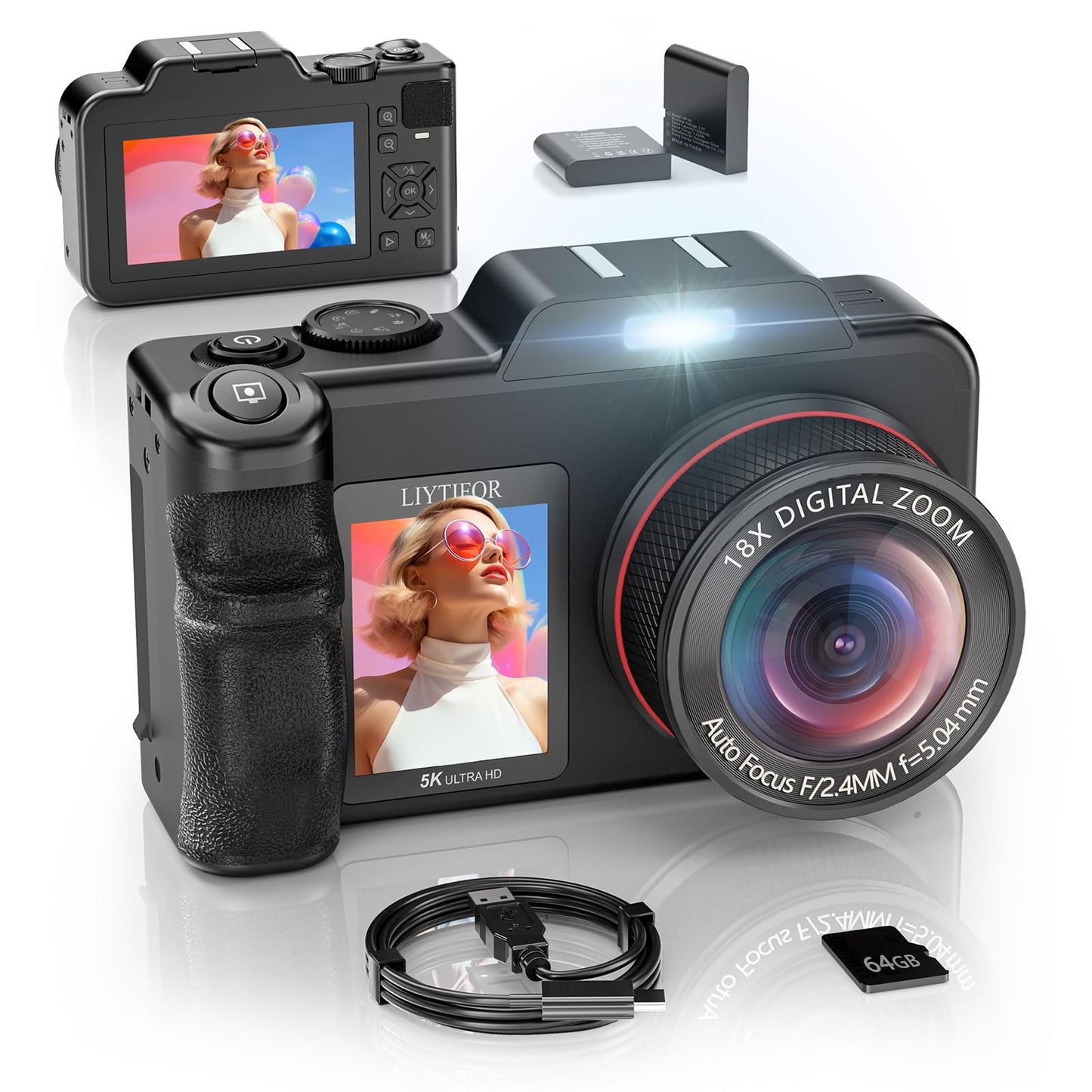 5K Digital Camera for Photography, 80MP 3.5"+2" Dual Screen for Self-Framing 18X Zoom Autofocus Vlogging Camera for YouTube/Content Creators/Travel, Includes 64GB Card + 2 Batteries & Flash, LIYTIFOR