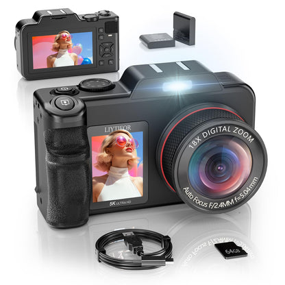 5K Digital Camera for Photography, 80MP 3.5"+2" Dual Screen for Self-Framing 18X Zoom Autofocus Vlogging Camera for YouTube/Content Creators/Travel, Includes 64GB Card + 2 Batteries & Flash, LIYTIFOR