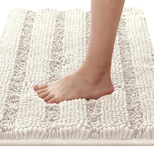 H.VERSAILTEX Bathroom Rugs Bath Rugs for Bathroom Non Slip Bath Mats Extra Thick Chenille Striped Rug 17" x 24" Absorbent Soft Shaggy Washable Dry Fast Bath Mats for Bath Room Floor - Ivory