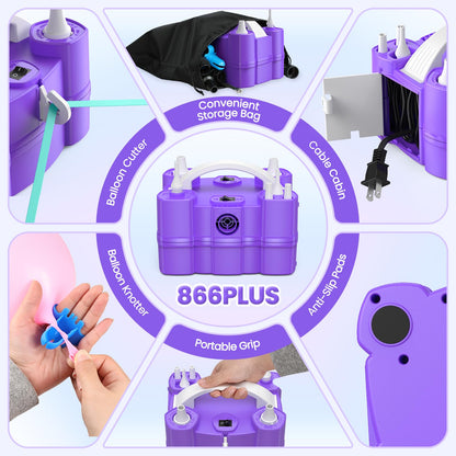 Keaibuding Electric Balloon Pump, 4-in-1 Balloon Blower with Triple Inflating Ports for All Balloons, Air Pump for Sports Balls, Inflator& Deflator for Inflatables with Dust-Proof Storage Bag (Purple)