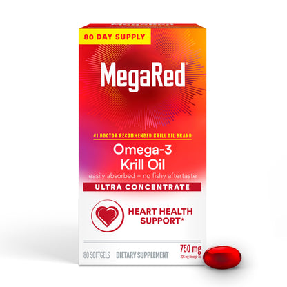 MegaRed Antarctic Krill Oil 750mg, Omega 3 Fatty Acid Supplement, Ultra Concentrate EPA & DHA Softgels, Antioxidant Astaxanthin, Heart Health Supplement with No Fish Oil Aftertaste, 80ct