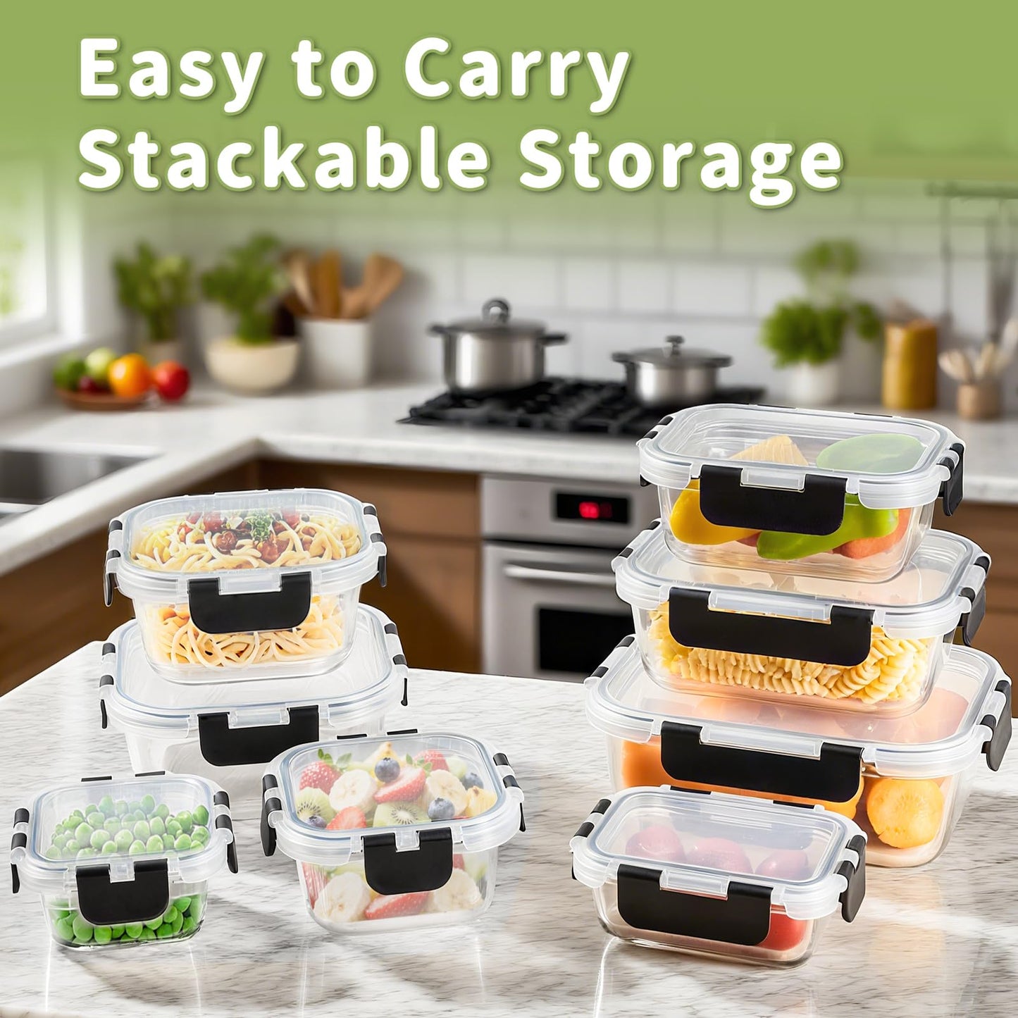 8 Pack Borosilicate Glass Food Storage Containers with Lids, Glass Meal Prep Containers, Airtight Bento Lunch Boxes with Leak Proof Locking, Oven, Freezer and Dishwasher Safe, BPA Free, 5-35oz