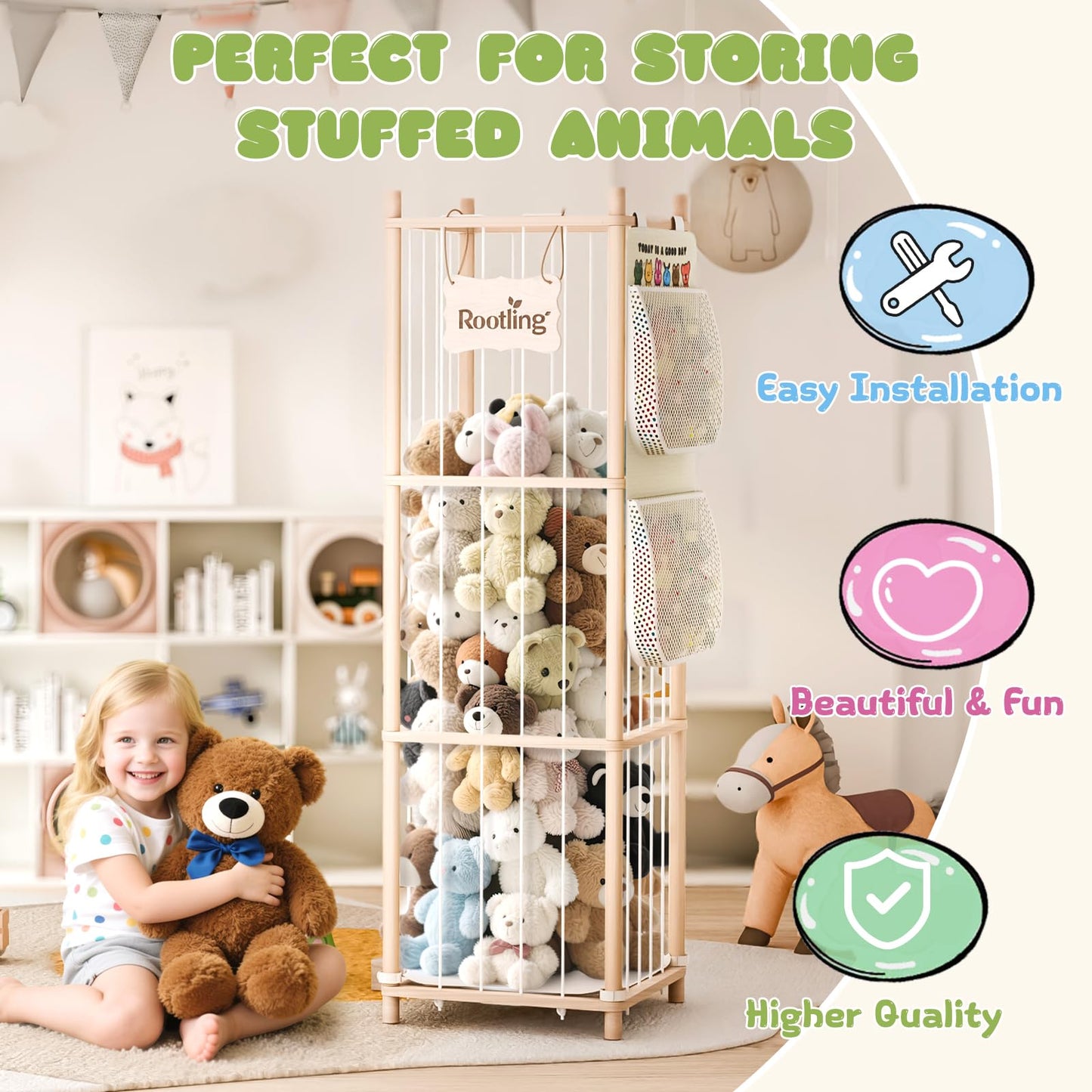 Stuffed Animals Storage & Organizer, 54 inch Tall Wooden Cute Zoo Toy Holder w/Building Block Storage Bag, Premium Wooden Material with Elastic Cord For Toddler Rooms, Playrooms & Bedrooms