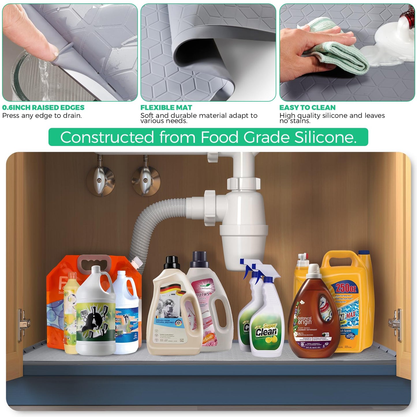 TRZZ Silicone Waterproof Under Sink Mat 34" x 22", Drip Tray and Cabinet Liner for Kitchen and Bathroom, Prevents Water Damage and Organizes Cabinets (Grey)