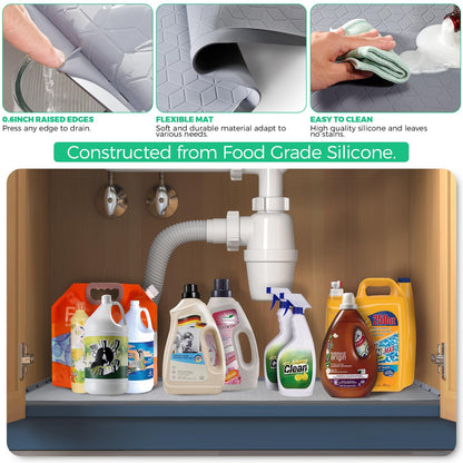 TRZZ Silicone Waterproof Under Sink Mat 34" x 22", Drip Tray and Cabinet Liner for Kitchen and Bathroom, Prevents Water Damage and Organizes Cabinets (Grey)