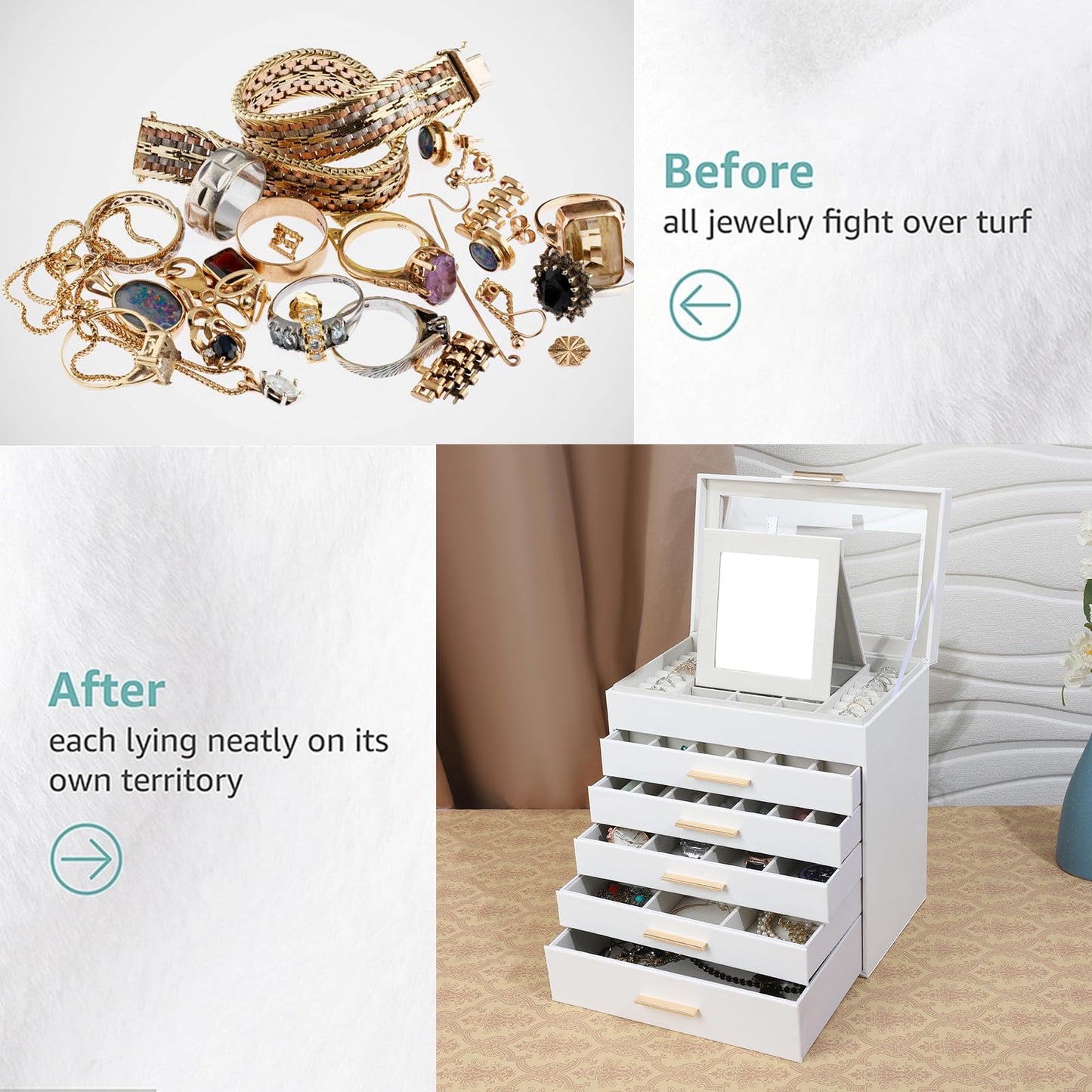 BOOVO Jewelry Boxes for Women, White and Black 6 Layer Large Jewelry Box for Necklace, Bracelet, Earrings, Rings Storage, Jewelry holder Organizer for Girls Gift (Clear White, 6 layer)