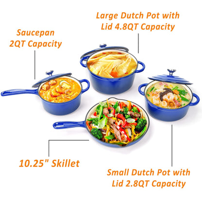 7-Piece Enameled Cast Iron Cookware Set: Dutch Ovens, Skillet & Sauce Pan with Non-Stick Ceramic Coating - Oven Safe to 550°F, PFOA-Free (Cobalt Blue)