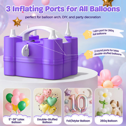Keaibuding Electric Balloon Pump, 4-in-1 Balloon Blower with Triple Inflating Ports for All Balloons, Air Pump for Sports Balls, Inflator& Deflator for Inflatables with Dust-Proof Storage Bag (Purple)