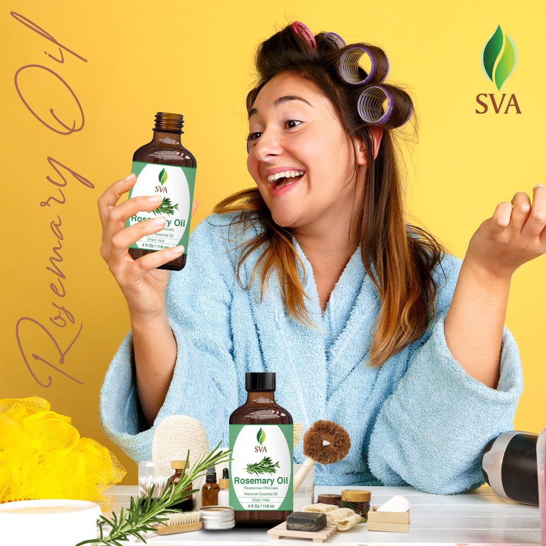 SVA Rosemary Essential Oil – 4 Fl Oz – 100% Natural Rosemary Oil for Hair, Face, Skin Care, Diffuser, Aromatherapy, Scalp, Body Massage, Soap and Candle Making – with Dropper