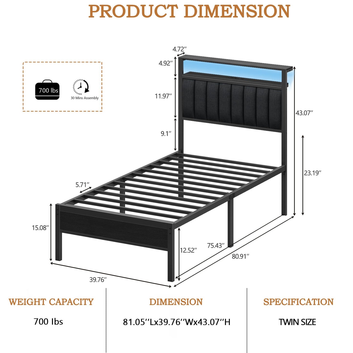 Furnulem Twin Size Bed Frame with Charging Station and LED Lights, Platform Bed with Metal Slats, Grey Upholstered Headboard with 2-Tier Storage Shelves, No Box Spring Needed