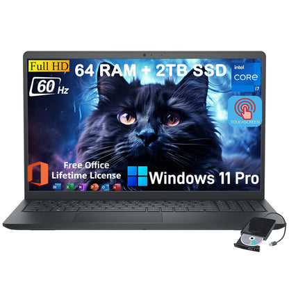 Dell Inspiron 15 3530 Touchscreen Laptop for Business, 15.6" FHD Touch Display, w/Office Lifetime License, 13th Gen Intel i7-1355U, 64GB RAM, 2TB SSD, Windows 11 Pro, External CD/DVD Drive, Wi-Fi 6