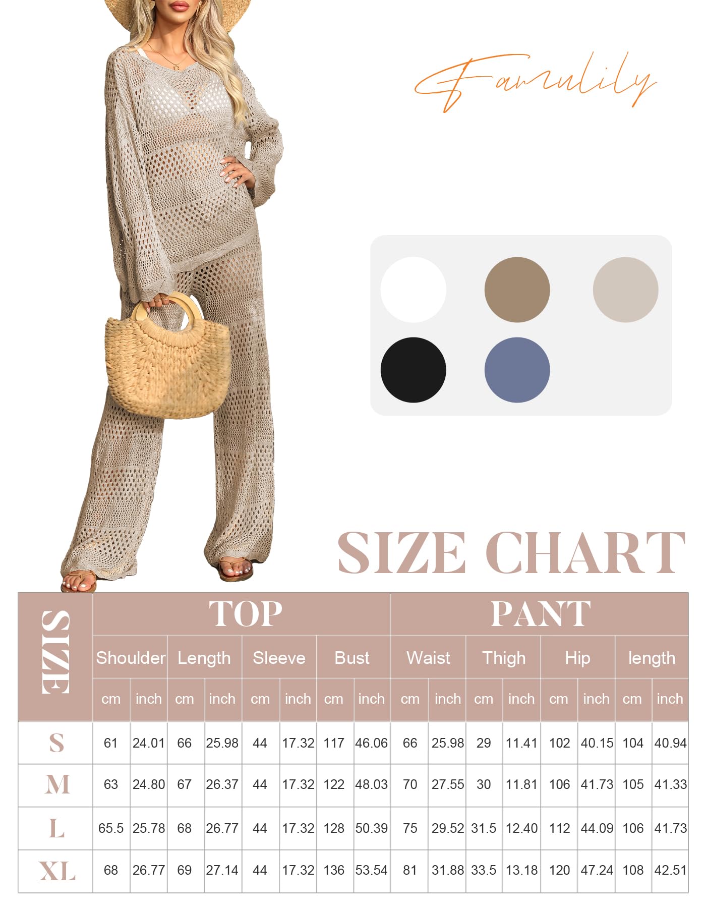 Famulily Women Bathing Suit Cover Up Solid Color Crochet Sets Crochet Long Sleeve Top Hollow Out Beach Cover Up Loungewear Set Khaki S
