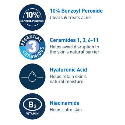 CeraVe Acne Foaming Cream Wash, Gentle Face and Body Cleanser with Benzoyl Peroxide 10%, Hyaluronic Acid, and Niacinamide, 10% Benzoyl Peroxide Treatment Clears Pimples and Blackheads 5 Oz