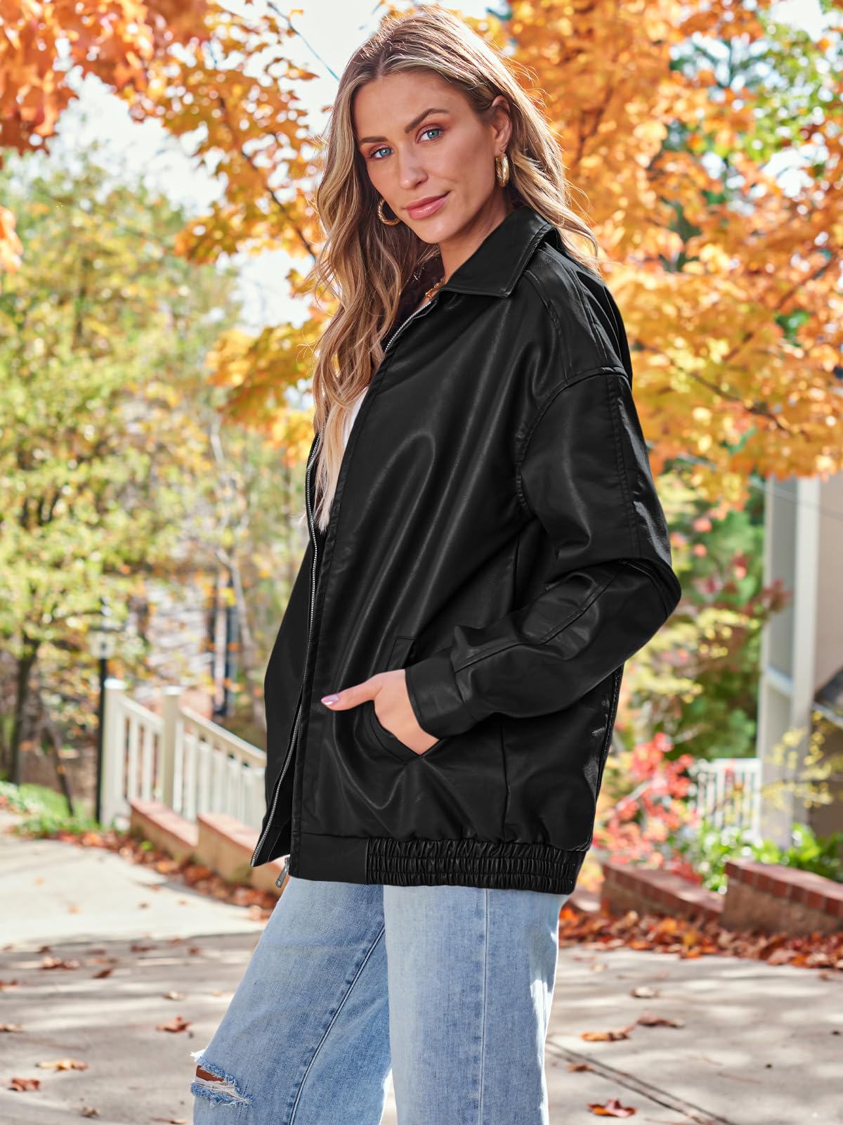 AUTOMET Women's Oversized Faux Leather Jacket - Fall Motorcycle Style Coat with Zipper Closure Black S