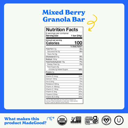 MadeGood Mixed Berry Granola Bars (40 Count - 0.85 Oz Each) Gluten Free and Organic Healthy Snacks