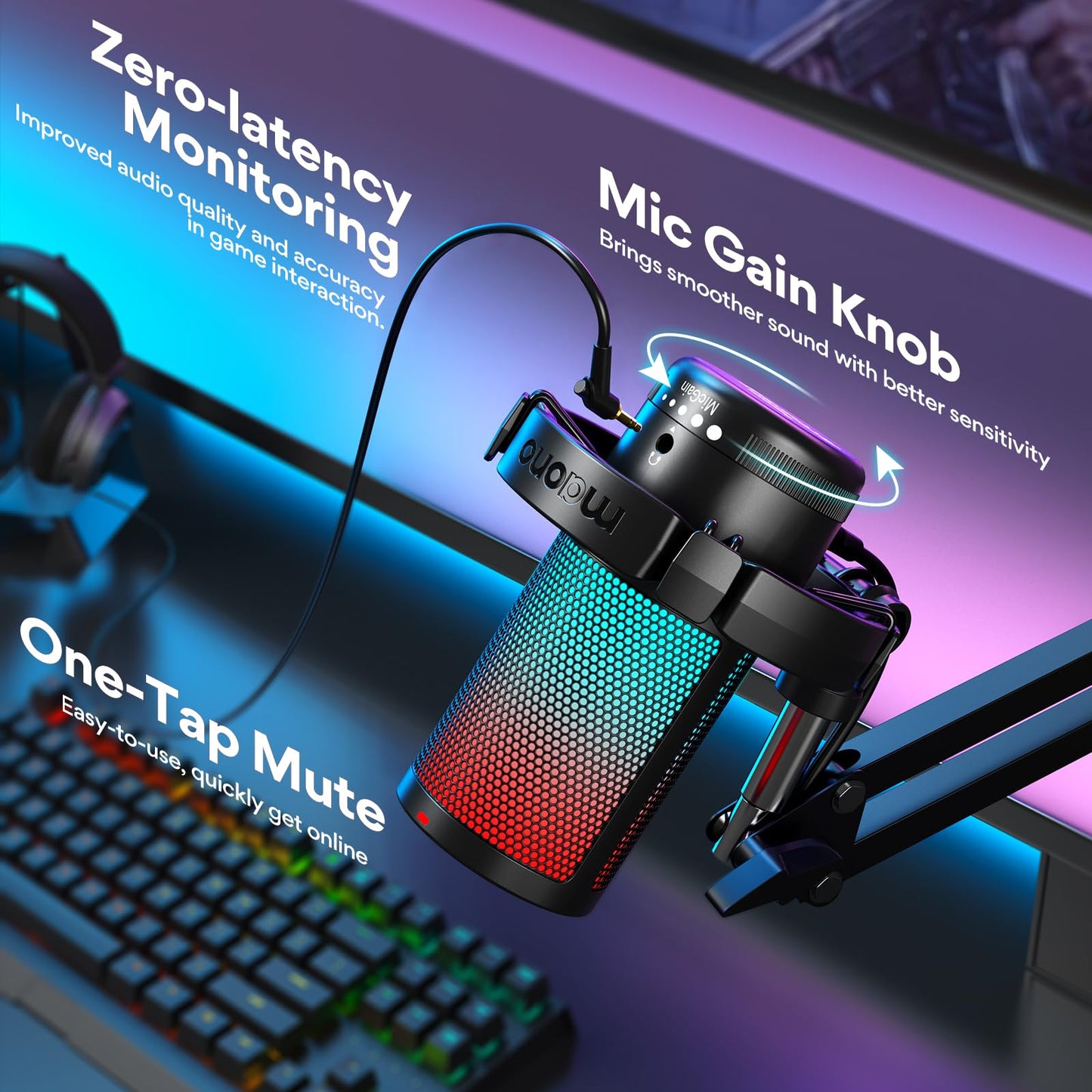 MAONO Gaming USB Microphone, Noise Cancellation Condenser Mic with Mute, Gain, Monitoring, Boom Arm Mic for Streaming, Podcast, Twitch, YouTube, Discord, PC, Computer, PS4, PS5, Mac, GamerWave DGM20S