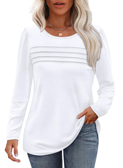 OFEEFAN White Blouses for Women Dressy Casual Long Sleeve Shirts Fall Outfits Pleated Plain Tunic Tops for Leggings S