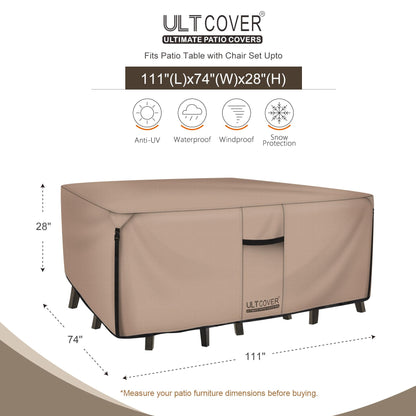 ULTCOVER Rectangular Patio Heavy Duty Table Cover - 600D Tough Canvas Waterproof Outdoor Dining Table and Chairs General Purpose Furniture Cover Size 111L x 74W x 28H inch