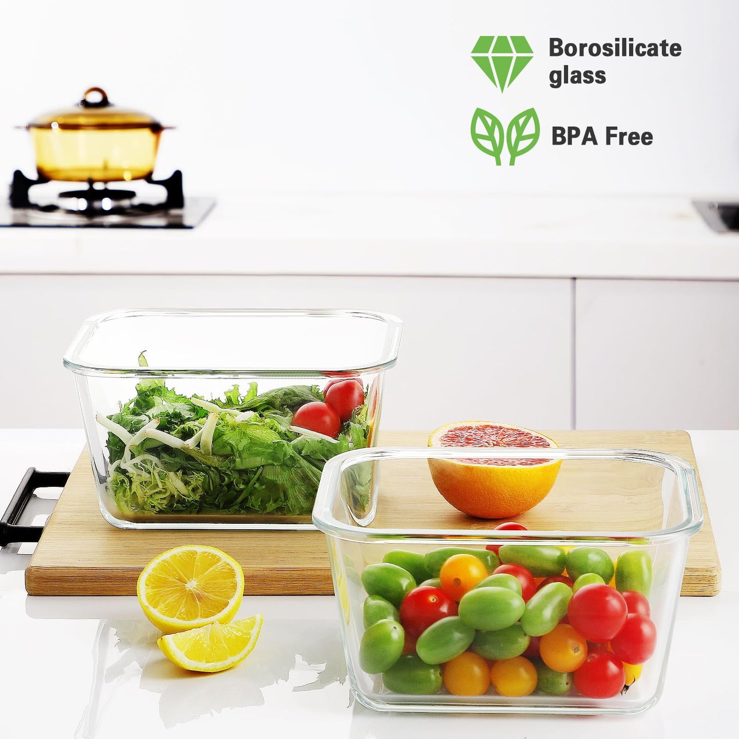 HOMBERKING 4 Pieces 63oz/8cup Large Glass Food Storage Containers with Lids, Meal Prep Containers, Airtight Bento Boxes with Leak Proof Locking (2 Containers 2 Lids), Microwave,Oven,Fridge Safe-Grey