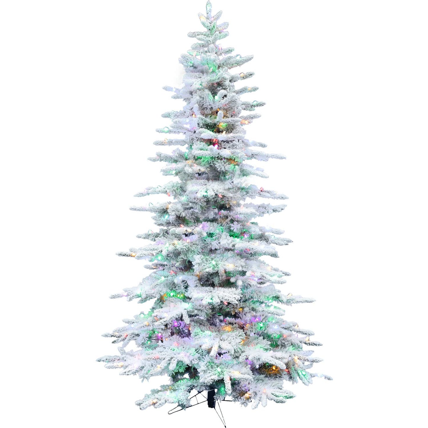 Fraser Hill Farm 7.5-Feet Pre-Lit Mountain Pine Snow Flocked Artificial Christmas Tree with Dual Multicolor & Warm White LED Lights, Heavily Flocked, Realistic Foliage, Stand Included