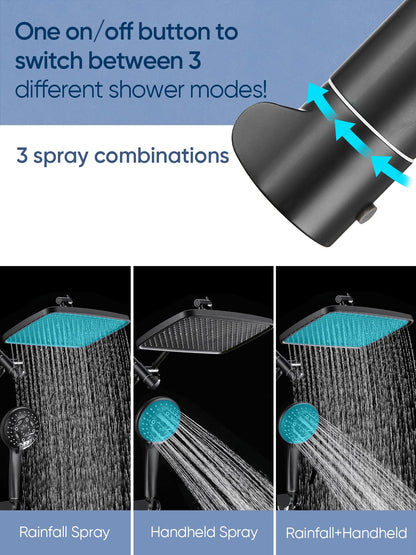 Heemli 12 Inch Rain Shower Head - High Pressure Shower Head, Dual Shower Heads with 8 Modes Handheld Spray Combo - Upgrade Extension Arm Height Adjustable, Black
