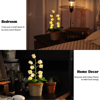 Lily of Valley Lamp, Crochet Artificial Flowers with Night Lights Fake Lily of Valley Included Pots - for Gift, Birthday, Ideas for Valentine's Day Mother's Day, Desk Home Decorations (L, Warm Lamp)