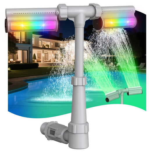 Swimming-Pool Waterfall Fountain w/Colorful Led-Lights - 7 Color Changing Above/Inground Pool Fountain Lights with Remote, Water Sprinkler Adjustable Height Pool Sprayer for Outdoor Yard Decoration
