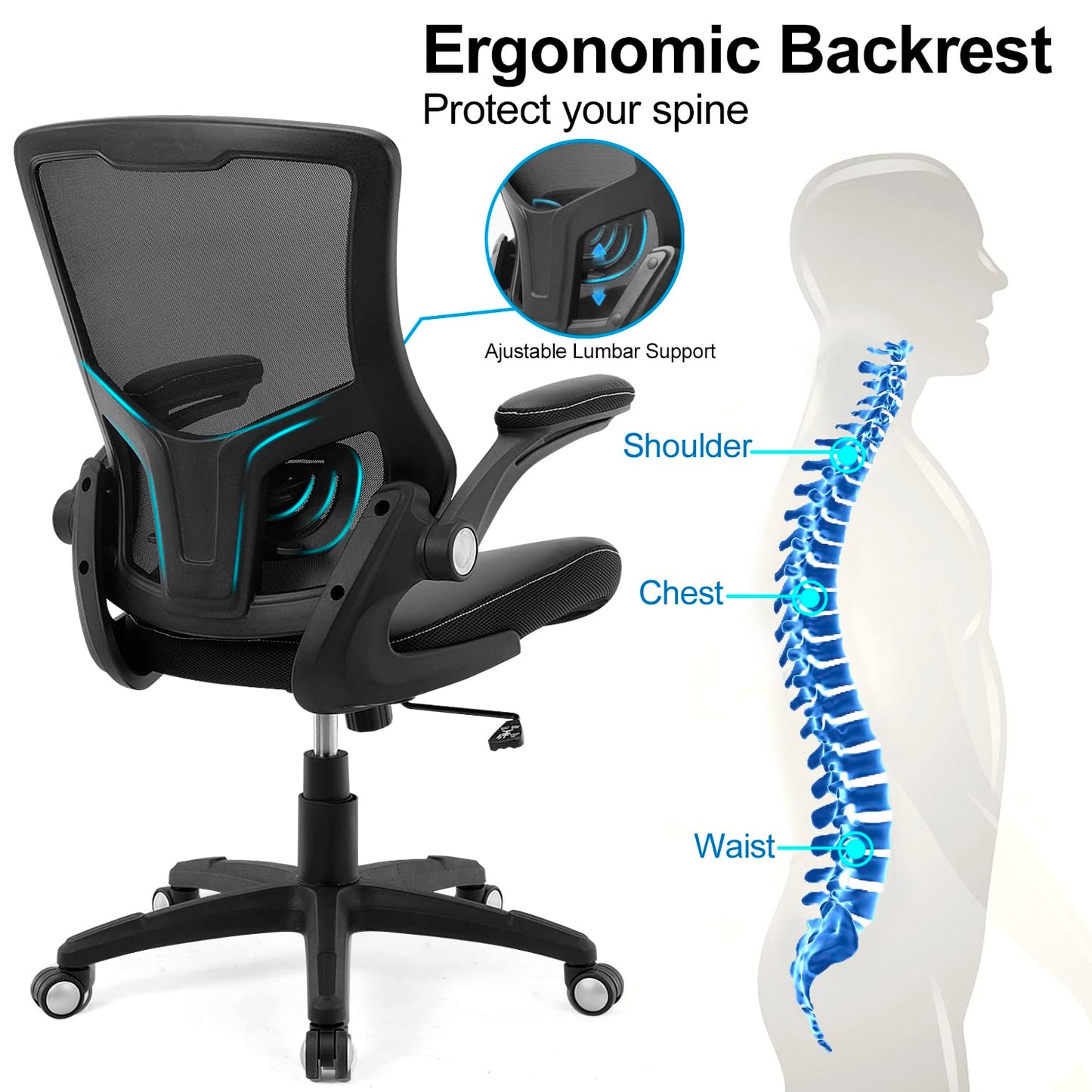 Office Chair Ergonomic Desk Chair, Computer PU Leather Home Office Chair, Swivel Mesh Back Adjustable Lumbar Support Flip-up Arms Executive Task Chair