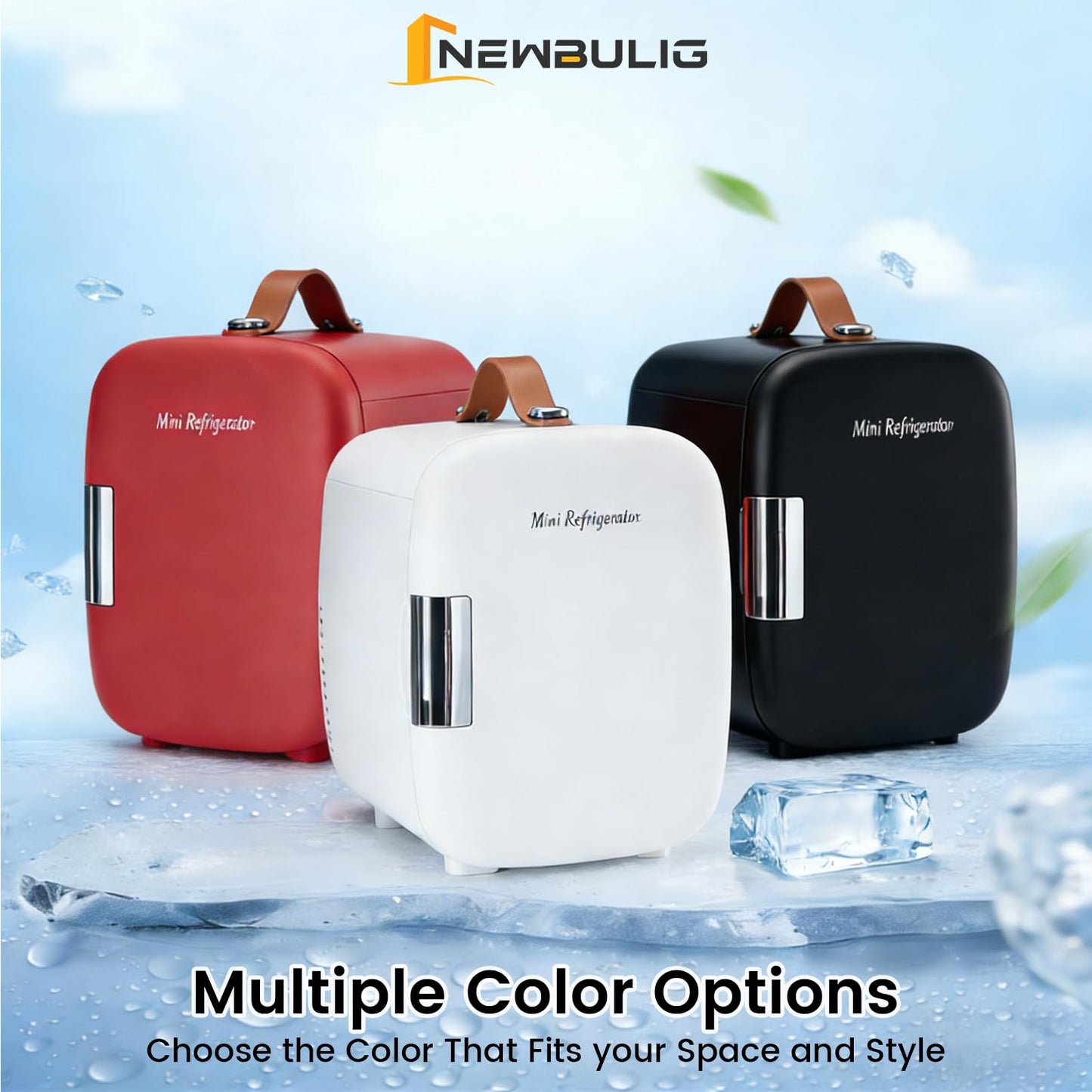 NEWBULIG Mini Fridge for Bedroom, Office & Car, Portable 4L/4.23QT Mini Refrigerator for Skincare with Handle, Ultra-Quiet Energy-Saving Compact Cooler for Drinks, Food, Skincare & Makeup, 12V AC/DC